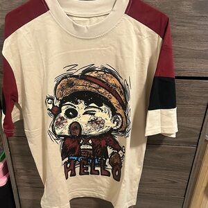 Cream & Burgundy Graphic Tee - Hello Character size L